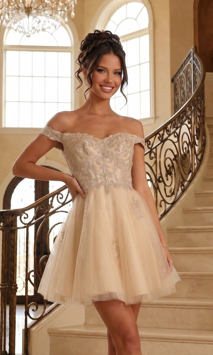 A woman in a Champagne Beaded-Corset Short Babydoll Hoco Dress C314 with an embroidered bodice stands before an ornate staircase in a well-lit room.